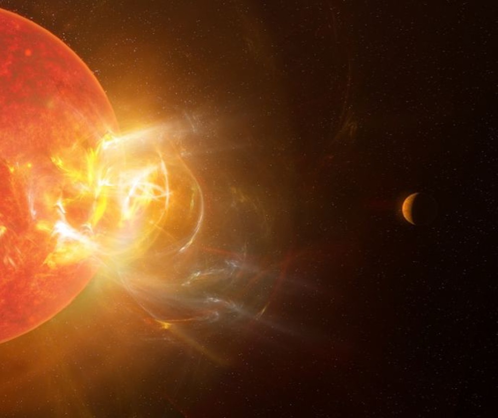 An artist’s conception of a violent flare erupting from the red dwarf star Proxima Centauri. Such flares can obliterate the atmospheres of nearby planets