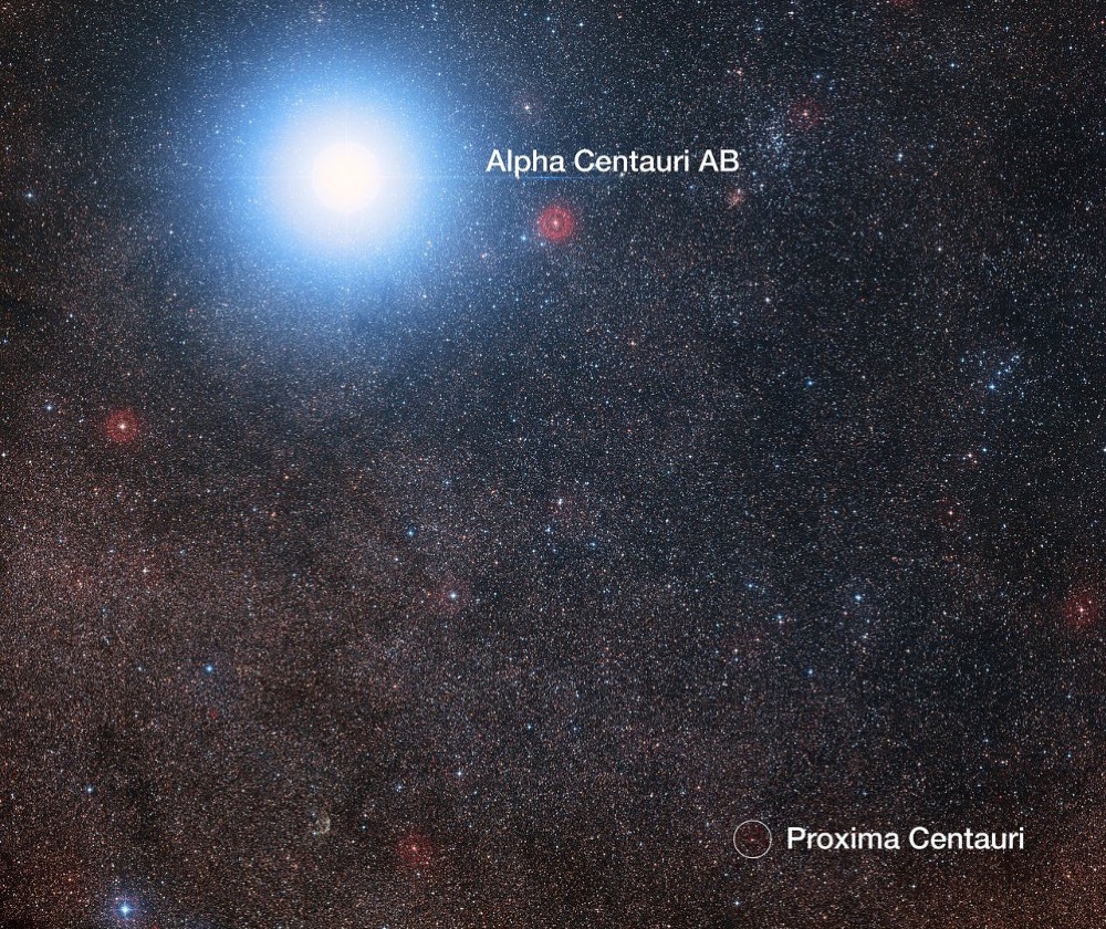 This image of the sky around the bright star Alpha Centauri AB also shows the much fainter red dwarf star, Proxima Centauri, the closest star to the Solar System