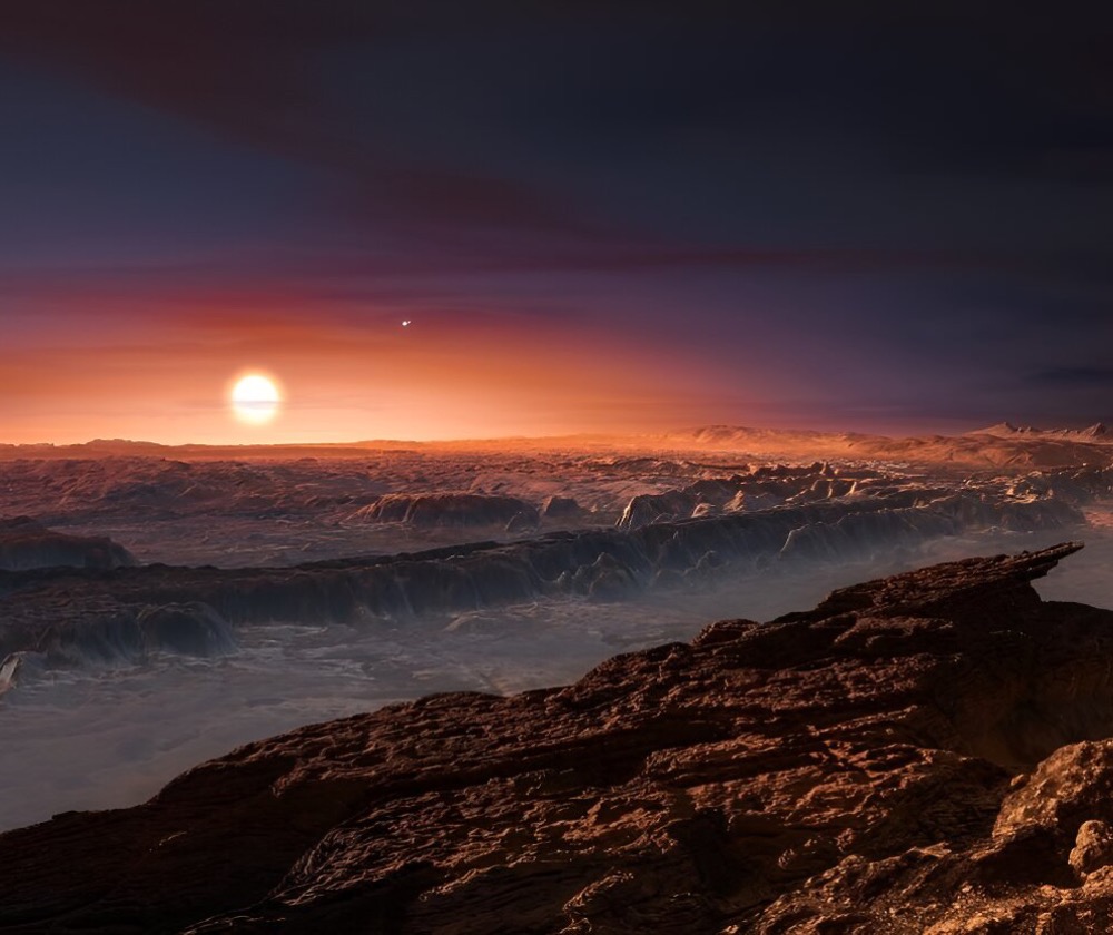 Artist’s impression of the surface of the planet Proxima b orbiting the red dwarf star Proxima Centauri