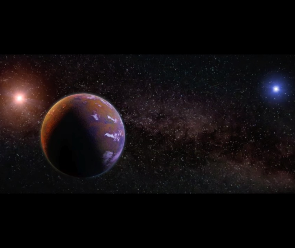 Illustration of a planet in a binary star system