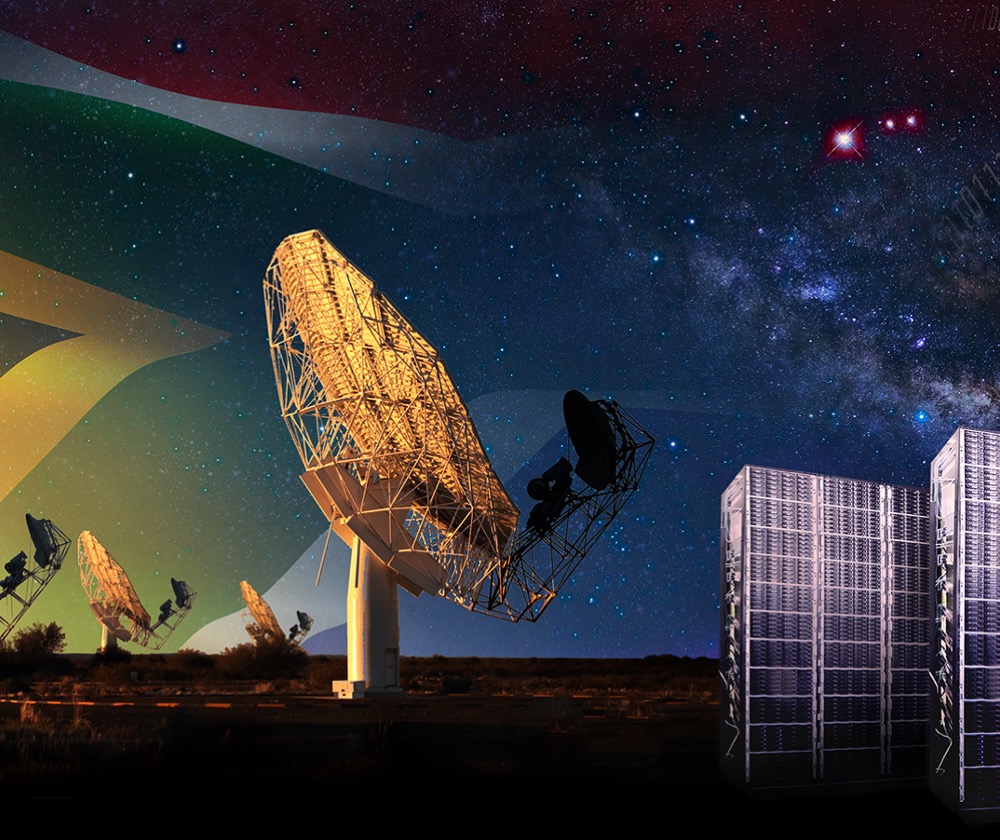 Artist’s impression of the MeerKAT telescope in South Africa, and the Breakthrough Listen compute cluster, scanning the sky for possible signals (represented as binary codes) from extraterrestrial intelligence. One of the first targets to be observed by the new instrument will be the Alpha Centauri system, represented as the three stars towards the top right of the image. Credit: Danielle Futselaar / Breakthrough Listen / SARAO