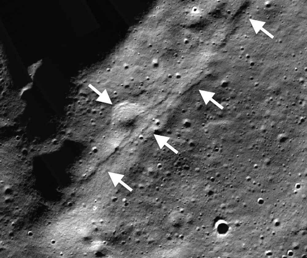 Lunar Reconnaissance Orbiter Camera (LROC), Narrow Angle Camera (NAC) mosaic of the Wiechert cluster of lobate scarps (left pointing arrows) near the lunar south pole
