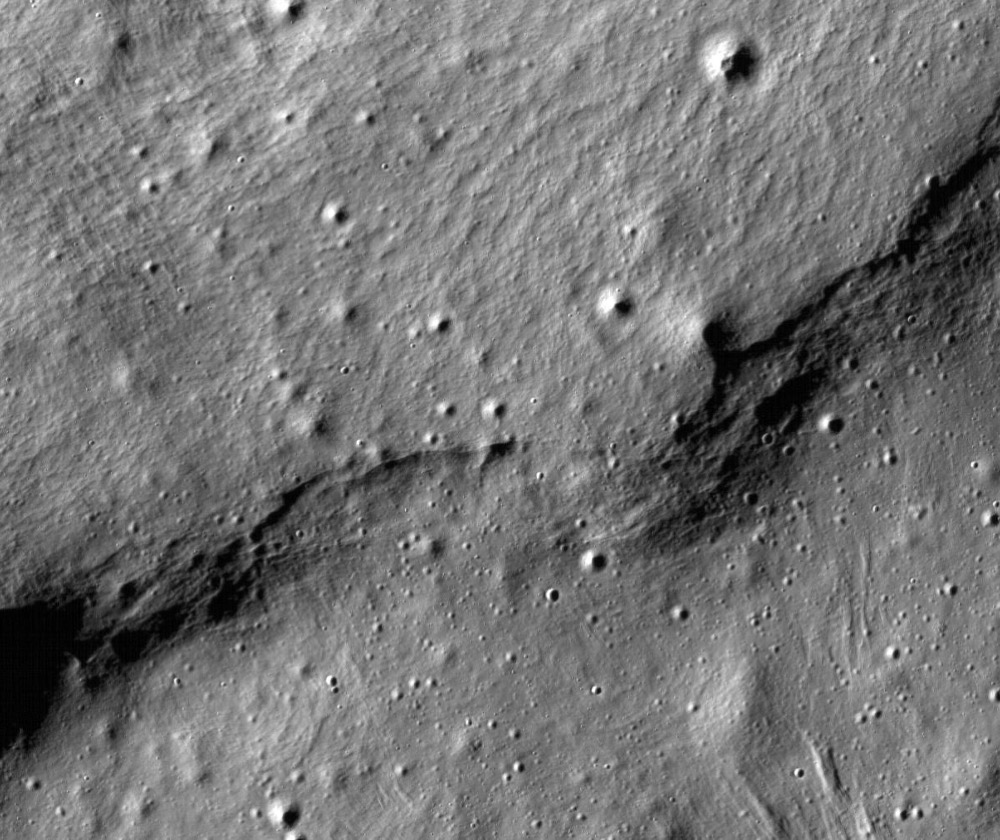 Fault scarps near a region of the Moon called Mare Frigoris, imaged by NASA's Lunar Reconnaissance Orbiter