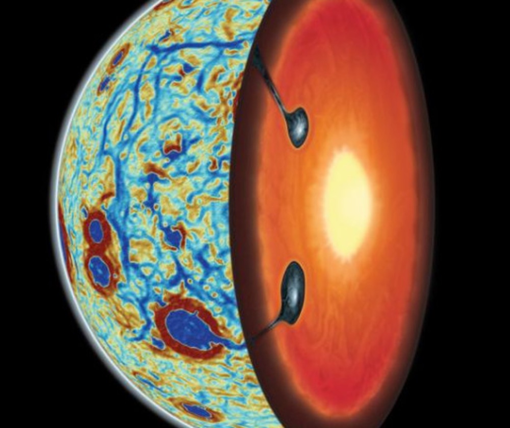 Schematic illustration with a gravity gradient map (blue hexagonal pattern) of the lunar nearside and a cross-section showing two ilmenite-bearing cumulate downwellings from lunar mantle overturn