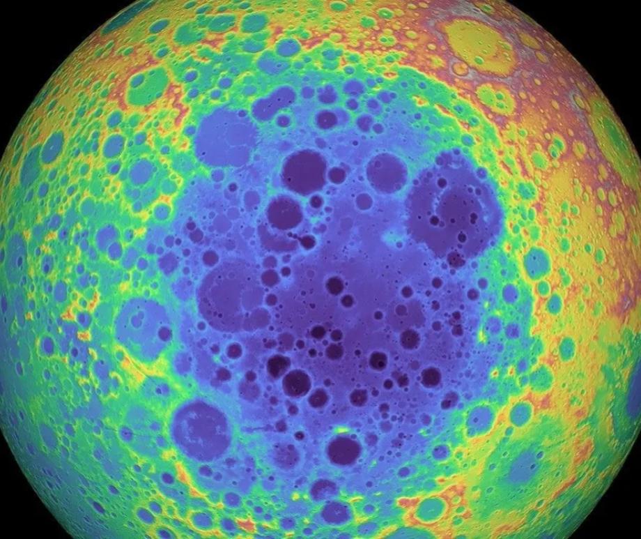 Elevation data shows the lunar South Pole-Aitken Basin, the largest and oldest impact basin on the moon, in blue and purple