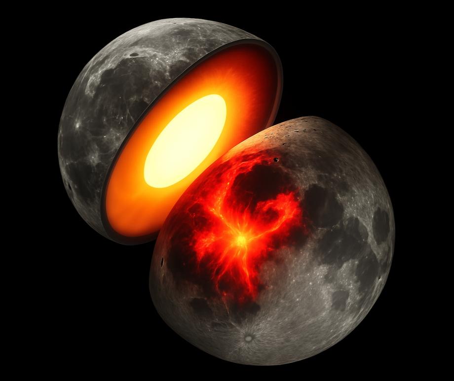 This artist’s concept shows the Moon’s hot interior and volcanism about 2 to 3 billion years ago