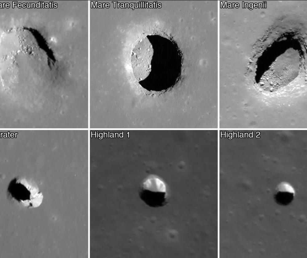 These images from NASA’s LRO spacecraft show a collection of pits detected on the Moon. Each image covers an area about 728 feet wide