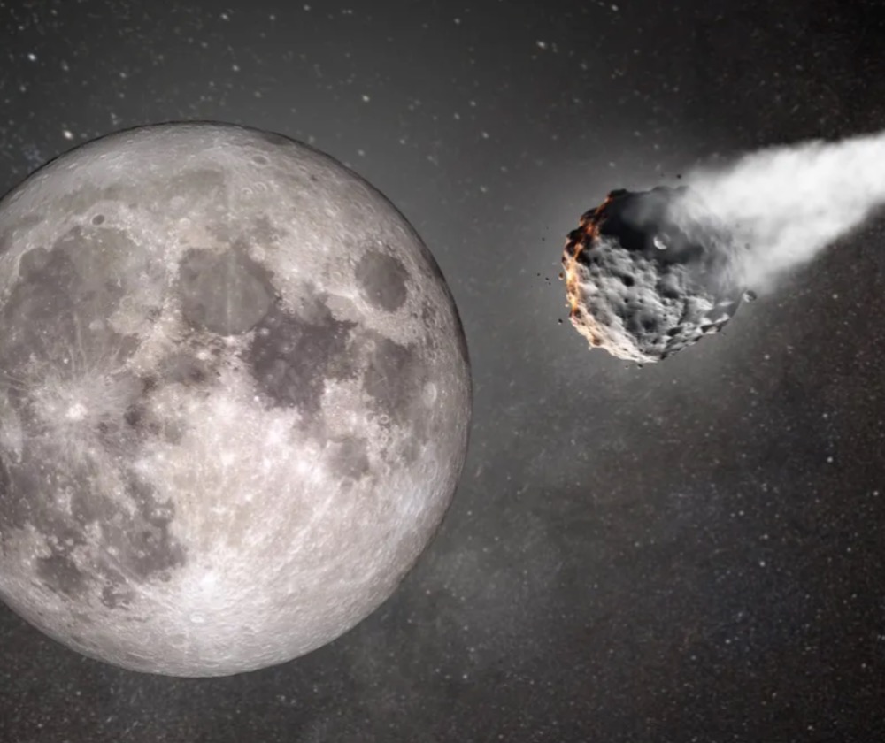 An illustration shows an asteroid breaking into meteorite pieces close to the moon