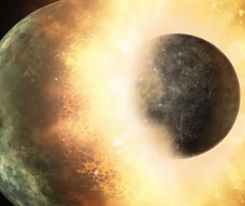 Earth's moon is thought to have formed when a Mars-sized object, called Theia, slammed into the proto-Earth more than 4.4 billion years ago, blasting out material that later coalesced into a large satellite as depicted in this artist's illustration