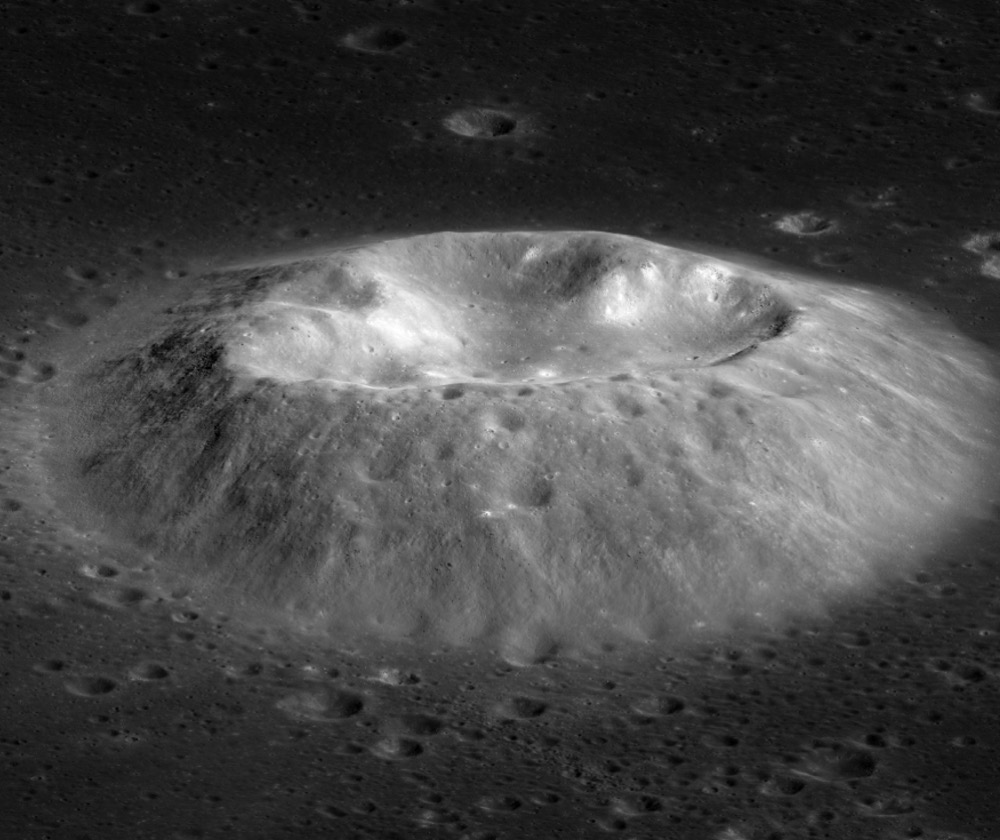 The volcano Mairan T stands over 2,000 feet (600 meters) tall above the plains of Oceanus Procellarum