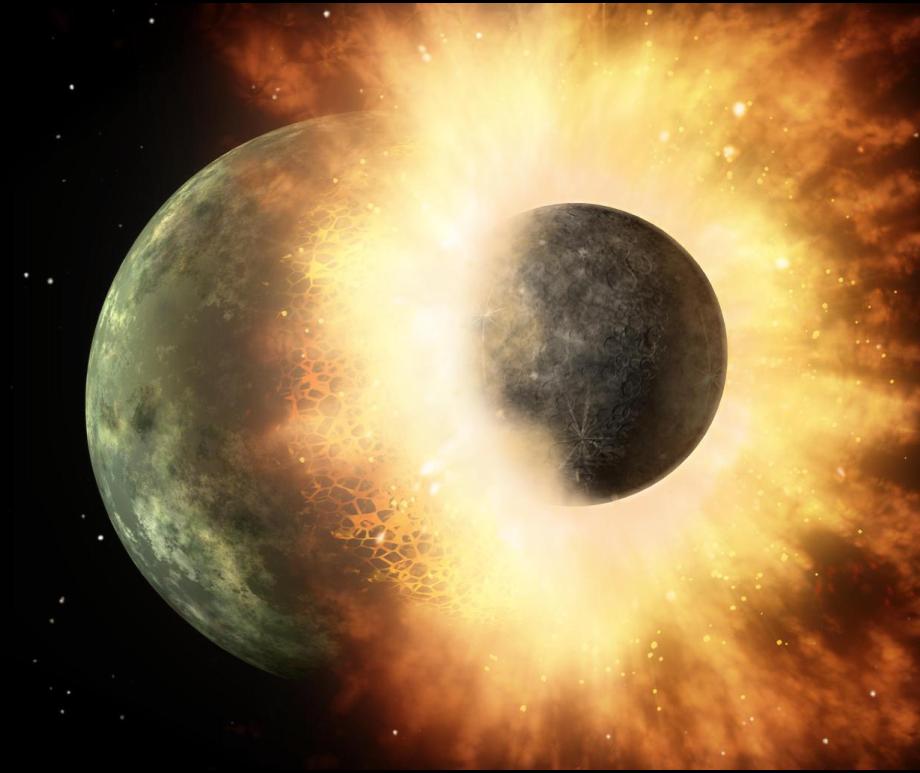 An illustration of the collision between Earth and Theia