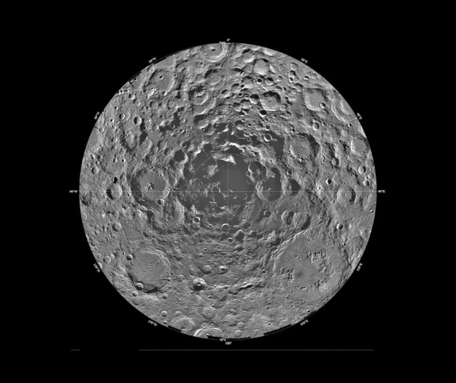 This view of the moon's cratered south pole was seen by NASA's Clementine spacecraft in 1996