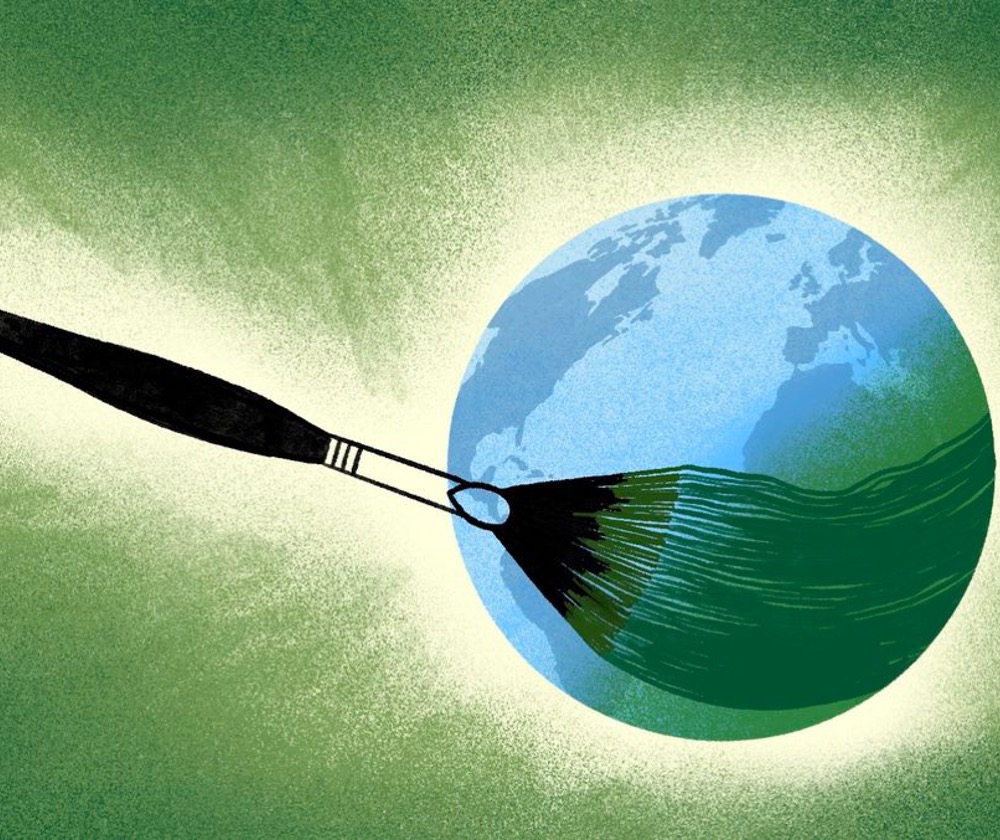 Artwork of a paintbrush painting the Earth green