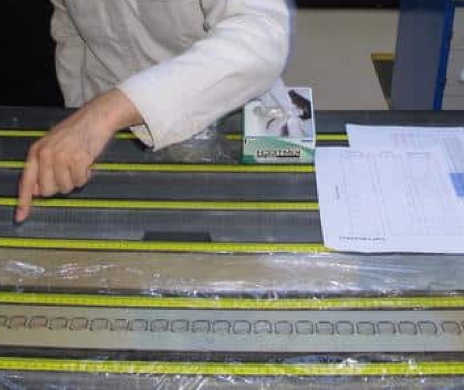 Examination of drilling cores on the JOIDES Resolution during the 2012 expedition in the North Atlantic.