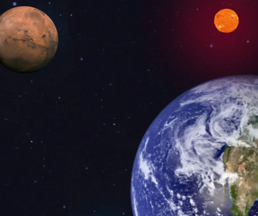An illustration (not to scale) shows Mars and Earth orbiting the sun