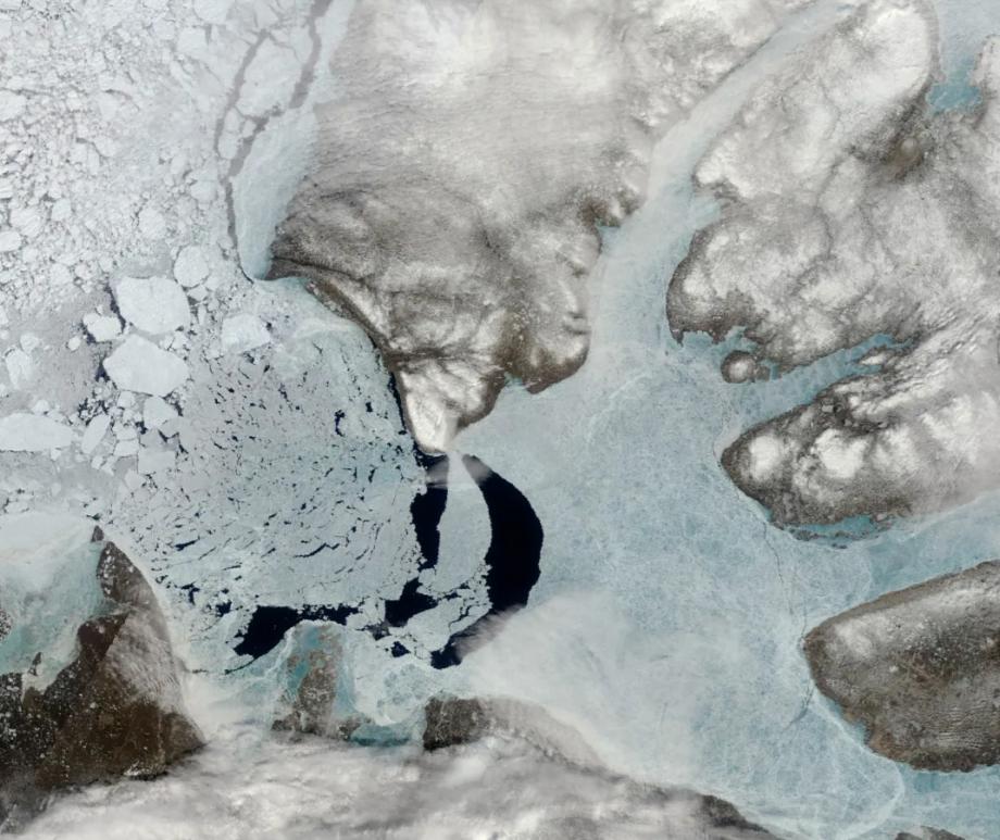 Sea ice in the Amundsen Gulf, Canada begins to break apart.