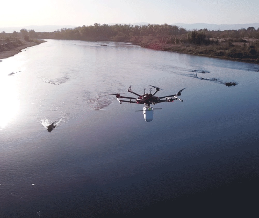 The River Observing System (RiOS) tracking the motion of water surface features from above a section of the Sacramento River in Northern California in 2023