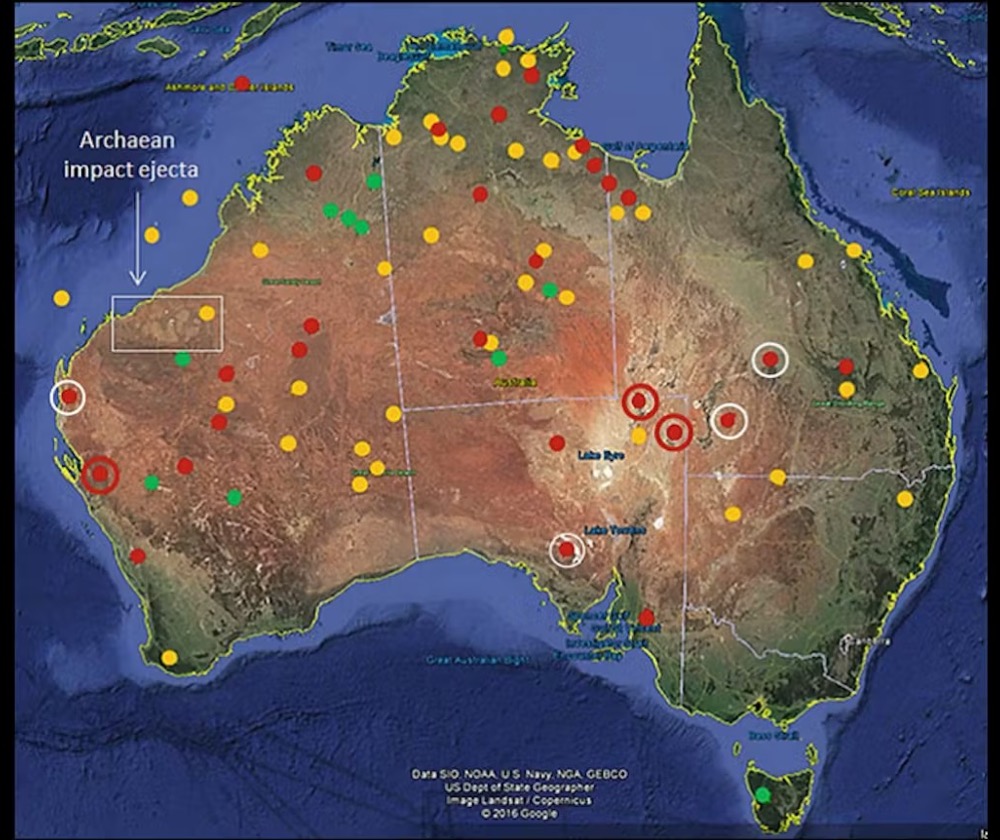 This map shows the distribution of circular structures of uncertain, possible or probable impact origin on the Australian continent and offshore