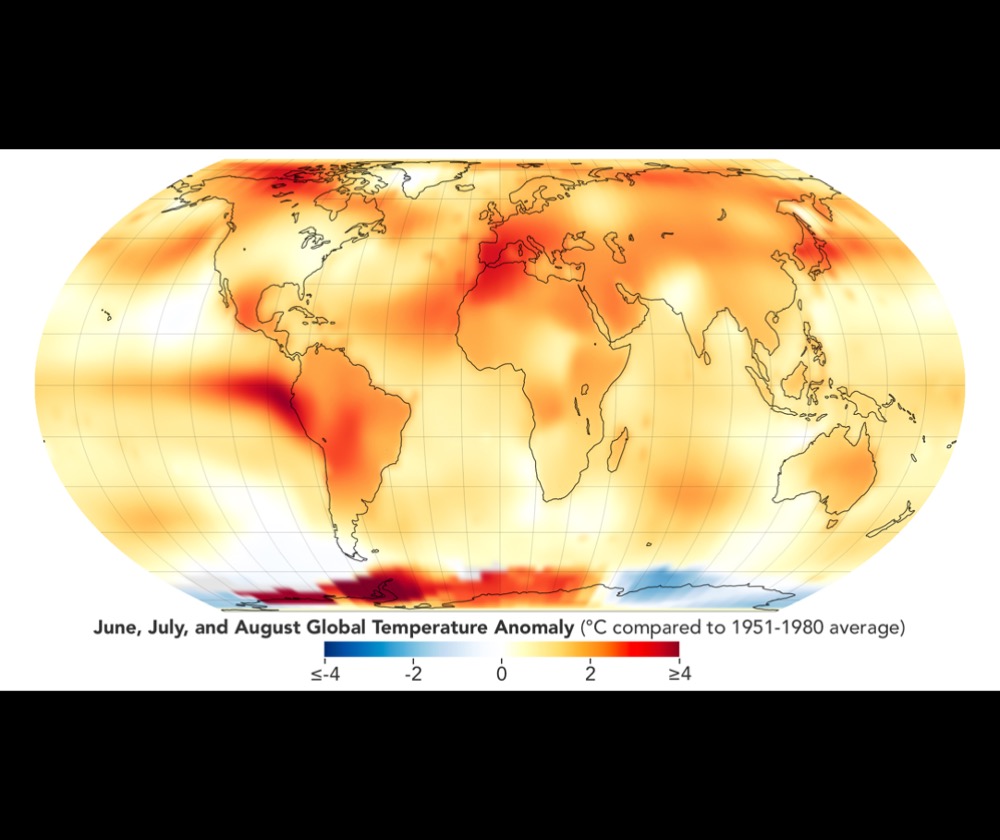 This map depicts global temperature anomalies for meteorological summer in 2023