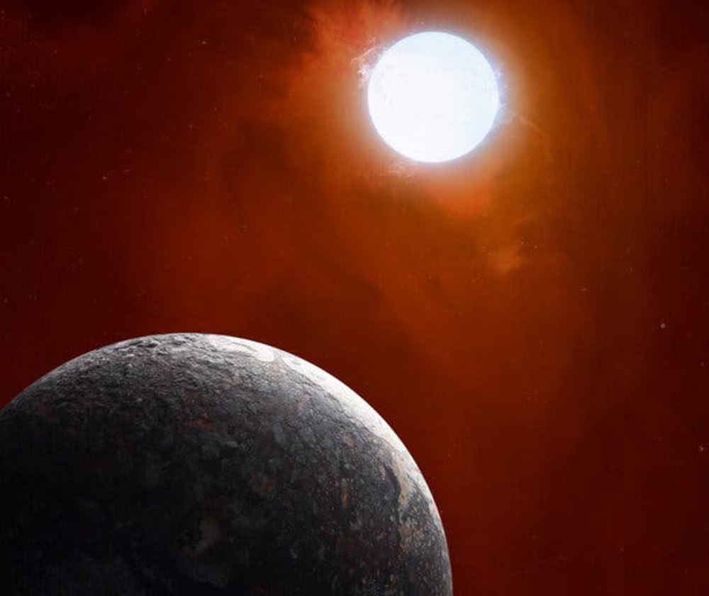 An artist’s concept of a rocky planet orbiting a white dwarf star.