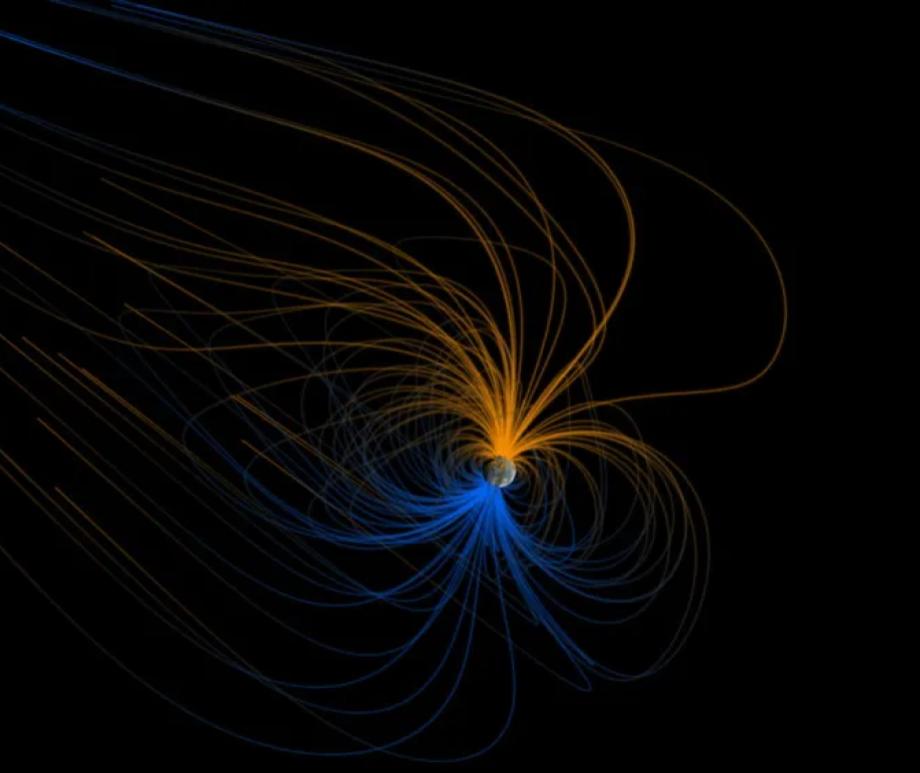This visualization shows the magnetic field around Earth, the magnetosphere, as it might look from space.