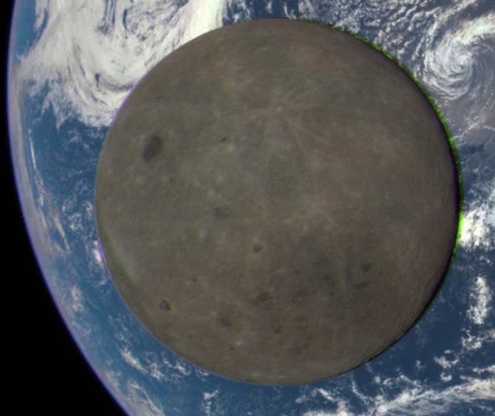 A NASA satellite image shows the far side of the moon as it crosses between the DSCOVR spacecraft and the Earth