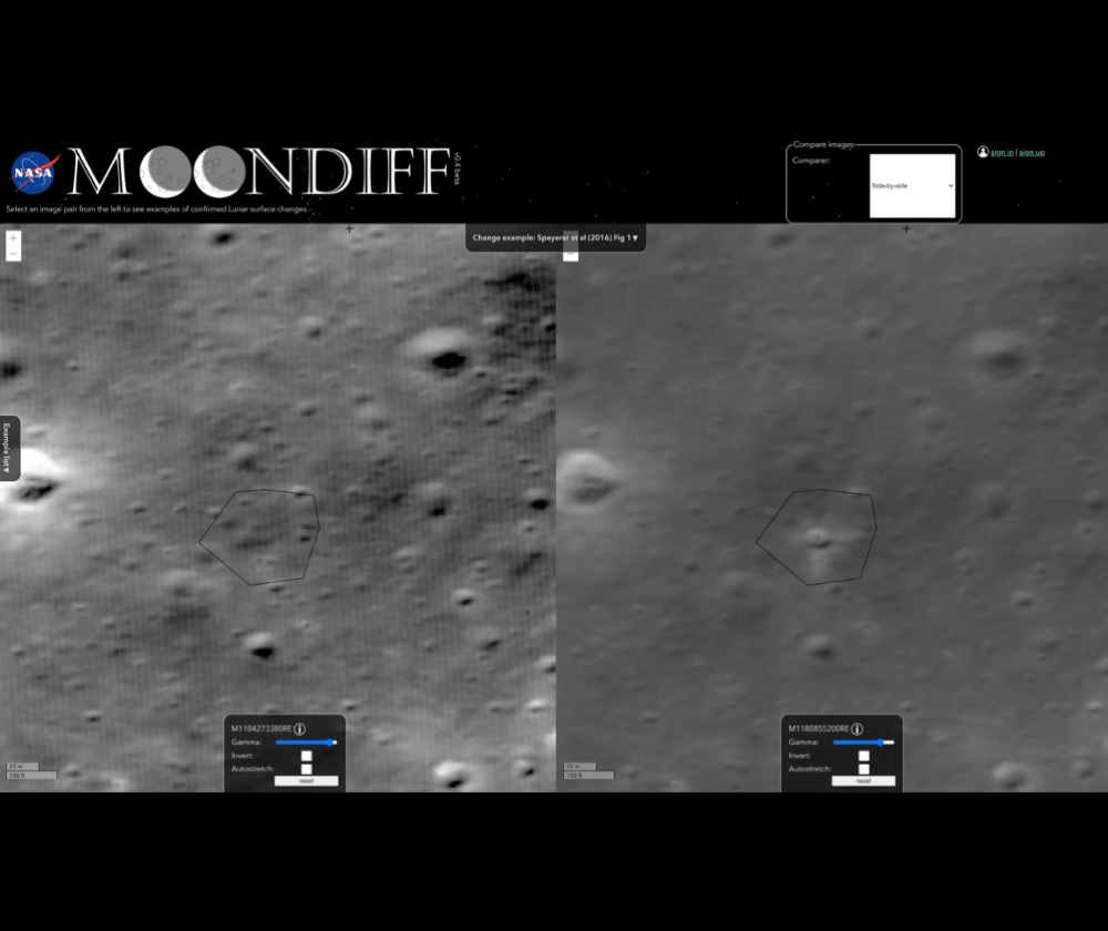 Comparing two Lunar images using MoonDiff. A new impact crater is visible in the right-hand image