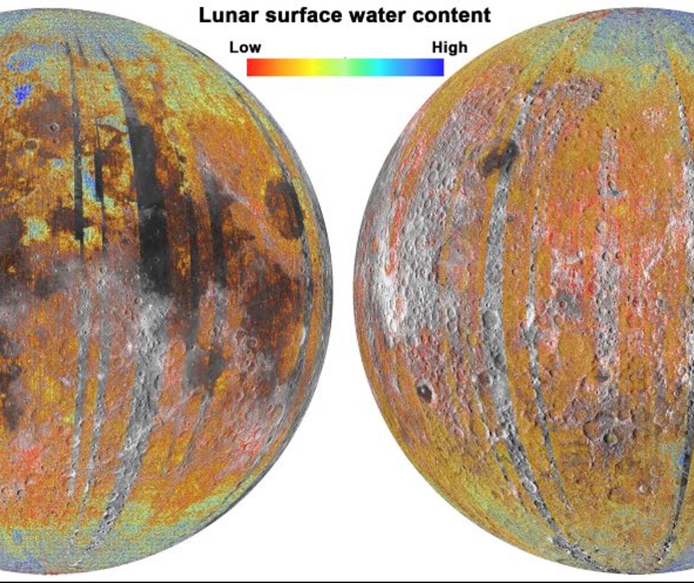 Map displaying water content across the lunar surface, which was the focus of this study as researchers examined how the Earth’s magnetic field contributes to water on the Moon