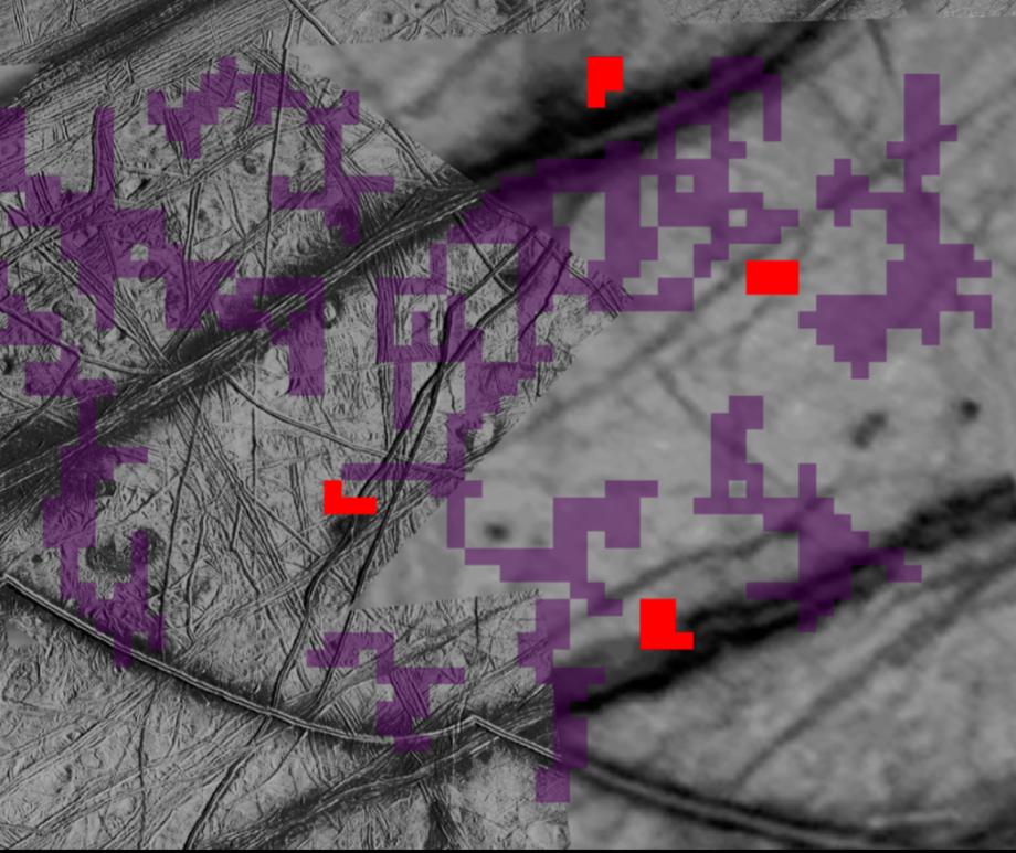 Captured by NASA’s Galileo mission in 1997, the data is overlaid on a black-and-white mosaic that zooms in on a portion of the moon’s surface. NASA/JPL-Caltech