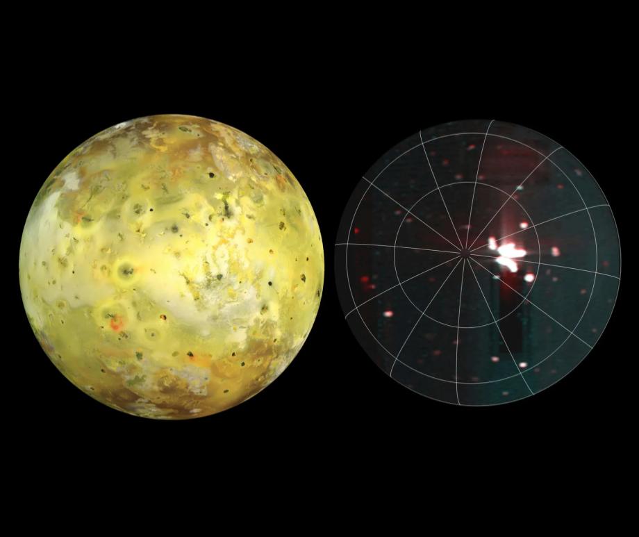 (Left) Io as seen by NASA's Galileo spacecraft on 3 July 1999 (Right) A massive volcanic hotspot observed by Juno in 2024. (Image credit: NASA / JPL / University of Arizona/ NASA/JPL-Caltech/SwRI/ASI/INAF/JIRAM)