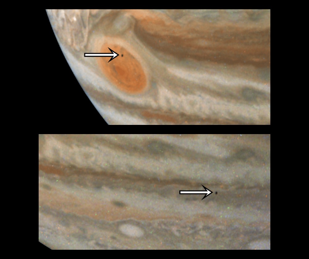 NASA’s Juno mission captured these views of Jupiter during its 59th close flyby of the giant planet on March 7, 2024. They provide a good look at Jupiter’s colorful belts and swirling storms, including the Great Red Spot. Close examination reveals something more: two glimpses of the tiny moon Amalthea