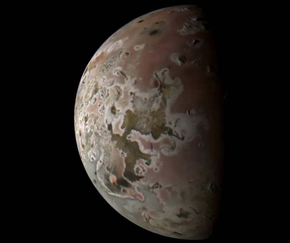 An image of Jupiter's moon Io, taken by the Juno spacecraft orbiting Jupiter