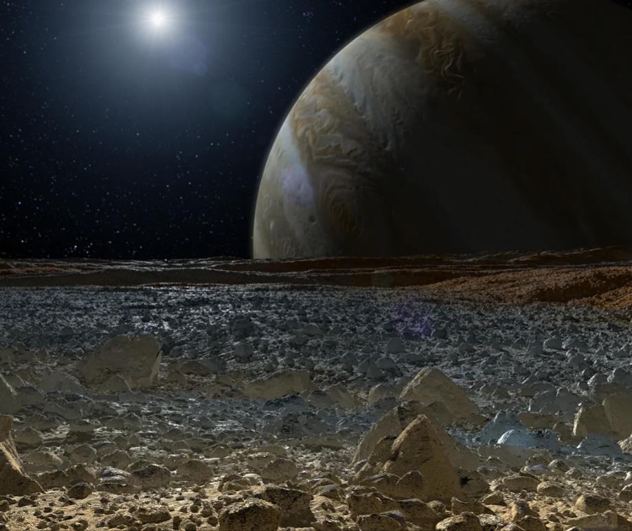 A simulated view from the surface of Europa, one of Jupiter's four Galilean moons.