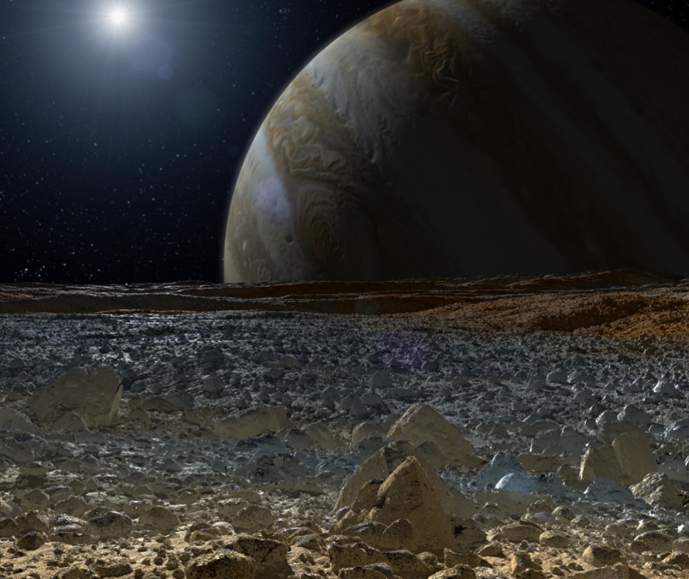 This artist's concept shows a simulated view from the surface of Jupiter's moon Europa