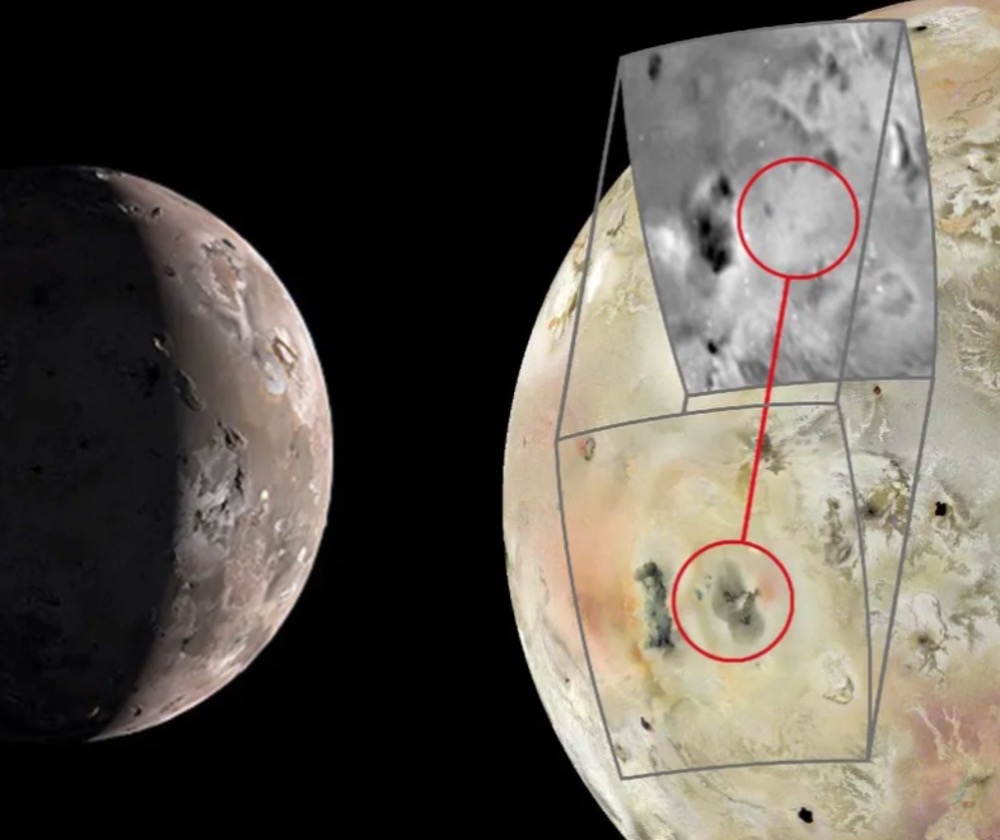 An image of Jupiter's moon Io taken by NASA's Juno probe on Feb. 3, 2024 (left); and a comparison of Juno data from Feb. 2024 with Galileo spacecraft imagery of the same area in November 1997 (greyscale insert) reveals a new volcanic feature on the surface of Io