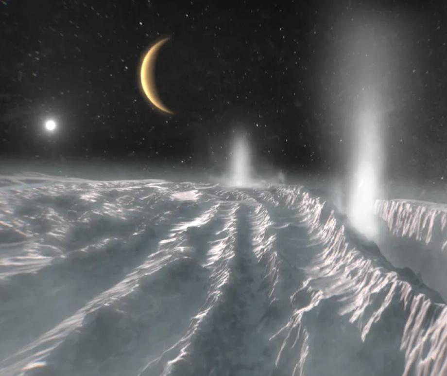 Saturn's moon Enceladus, with its geysers of water (artist's illustration