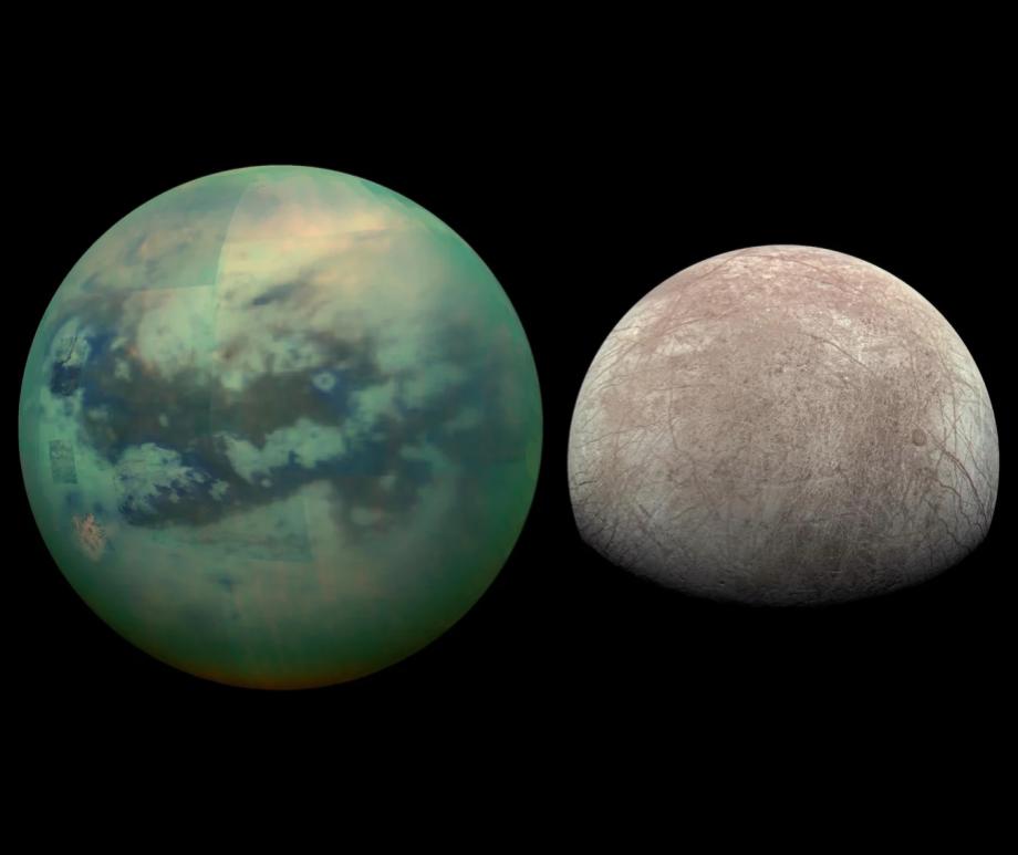 Titan (left) and Europa (right).