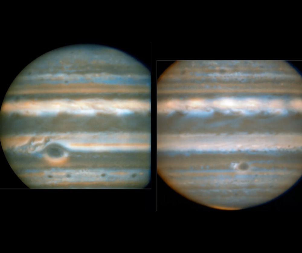 Infrared images of Jupiter taken in 2016 show cooler areas in blue and warmer areas in orange. (Image credit: ESO/L.N. Fletcher)