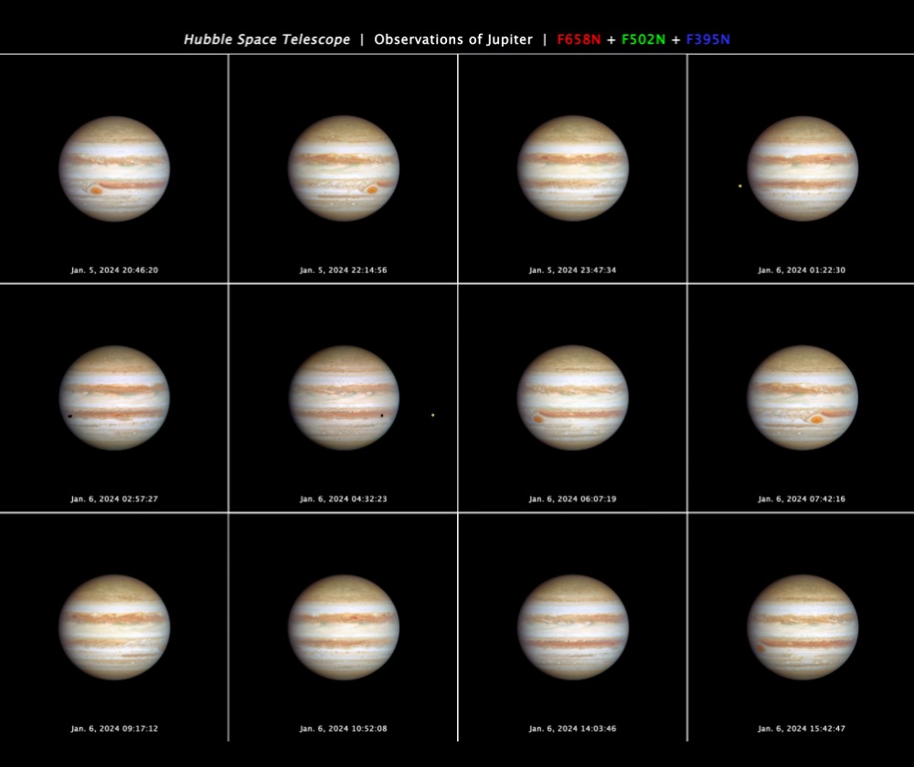 This 12-panel series of Hubble Space Telescope images, taken Jan. 5-6, 2024, presents snapshots of a full rotation of the giant planet Jupiter