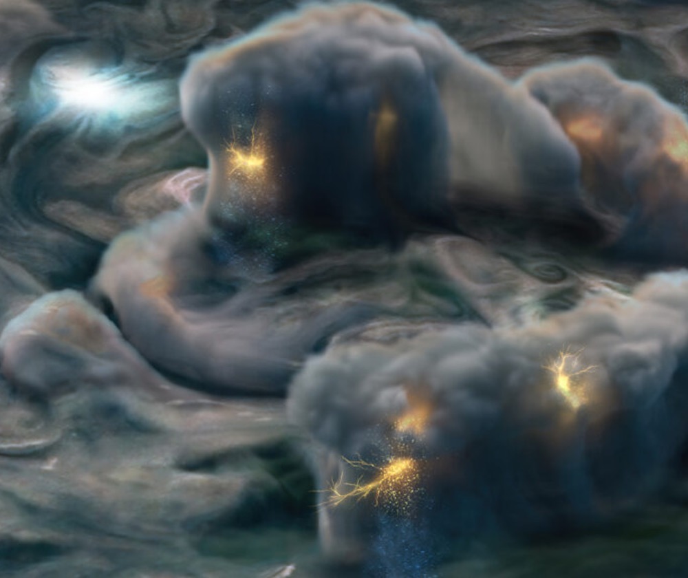 Lightning cavorts through Jupiter’s thunderclouds (illustrated) at a rhythm akin to bolts in Earth’s skies