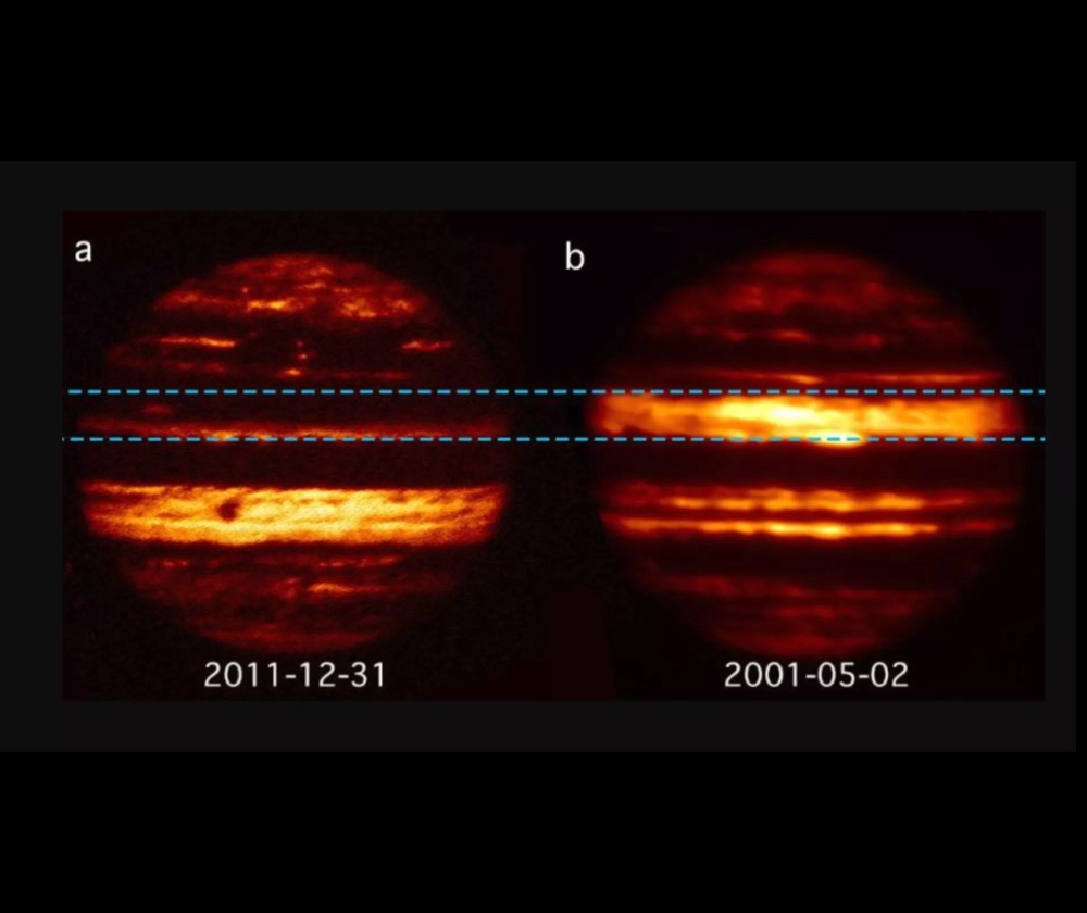 Two infrared images of Jupiter taken approximately 10 years apart