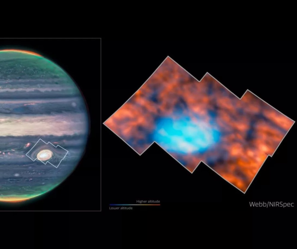 An infrared image of the planet Jupiter (left) and a close-in image of the Great Red Spot and its surrounding areas in different colors