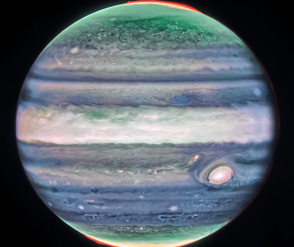 This image of Jupiter’s atmosphere from the Webb telescope – and its NIRCam camera – shows details in infrared light