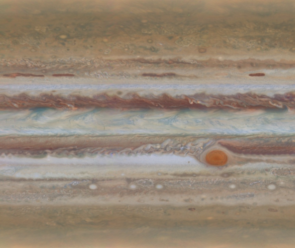 The first global map of the gas giant Jupiter, with its famed Great Red Spot towards the bottom left