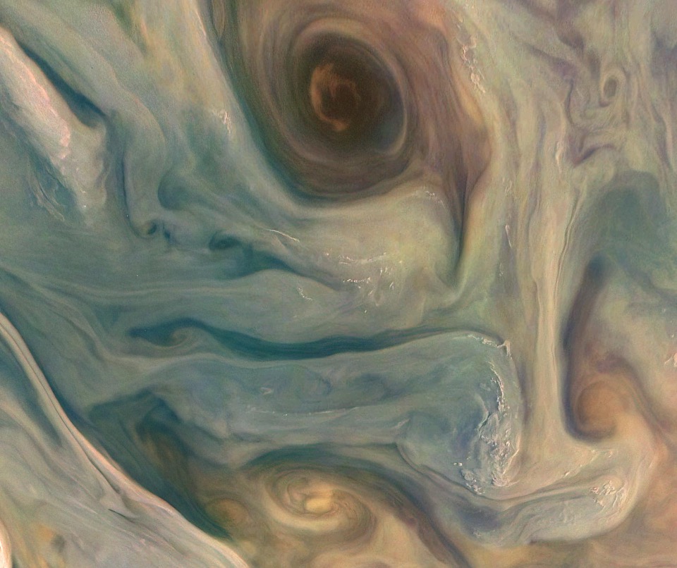 NASA's Juno spacecraft observed the complex colors and structure of Jupiter's clouds as it completed its 43rd close flyby of the giant planet on July 5, 2022