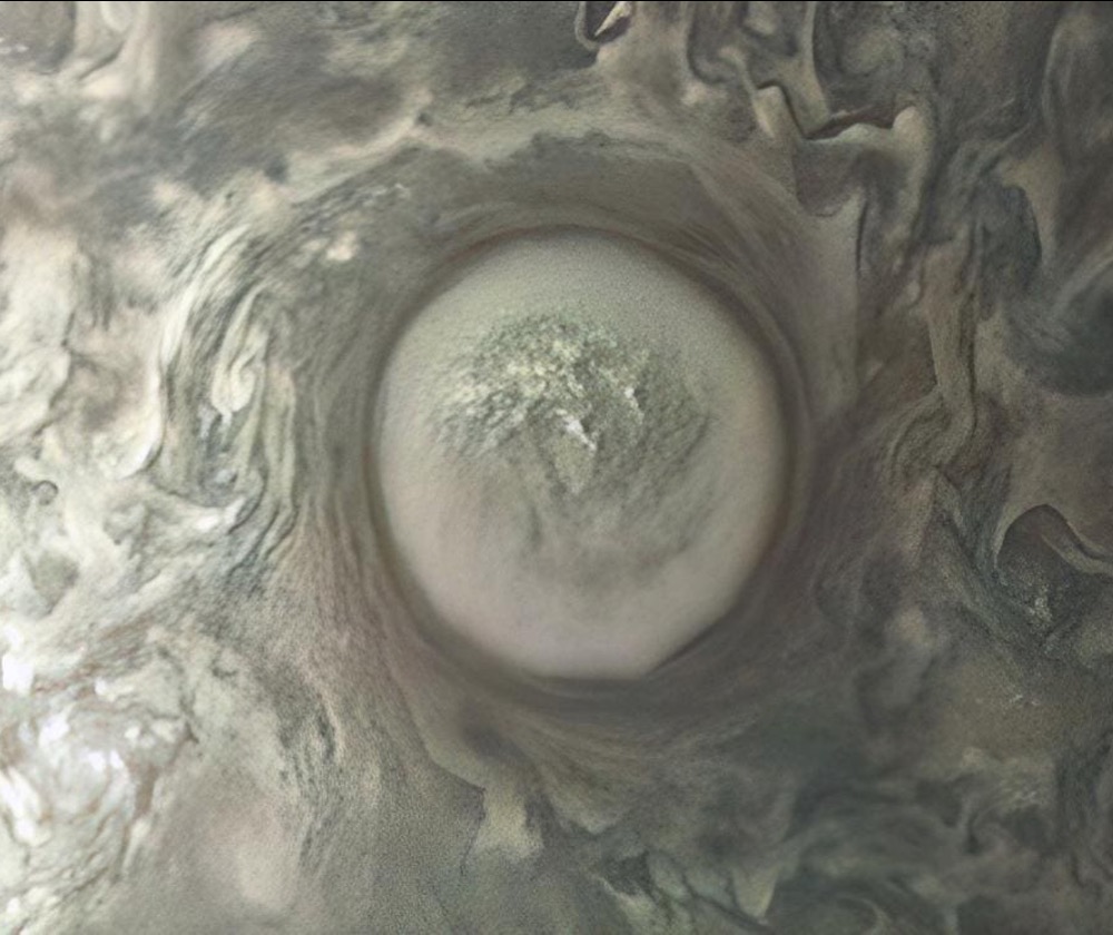 A cyclone raging close to Jupiter's north pole, as imaged by NASA's Juno on Sept. 7, 2023
