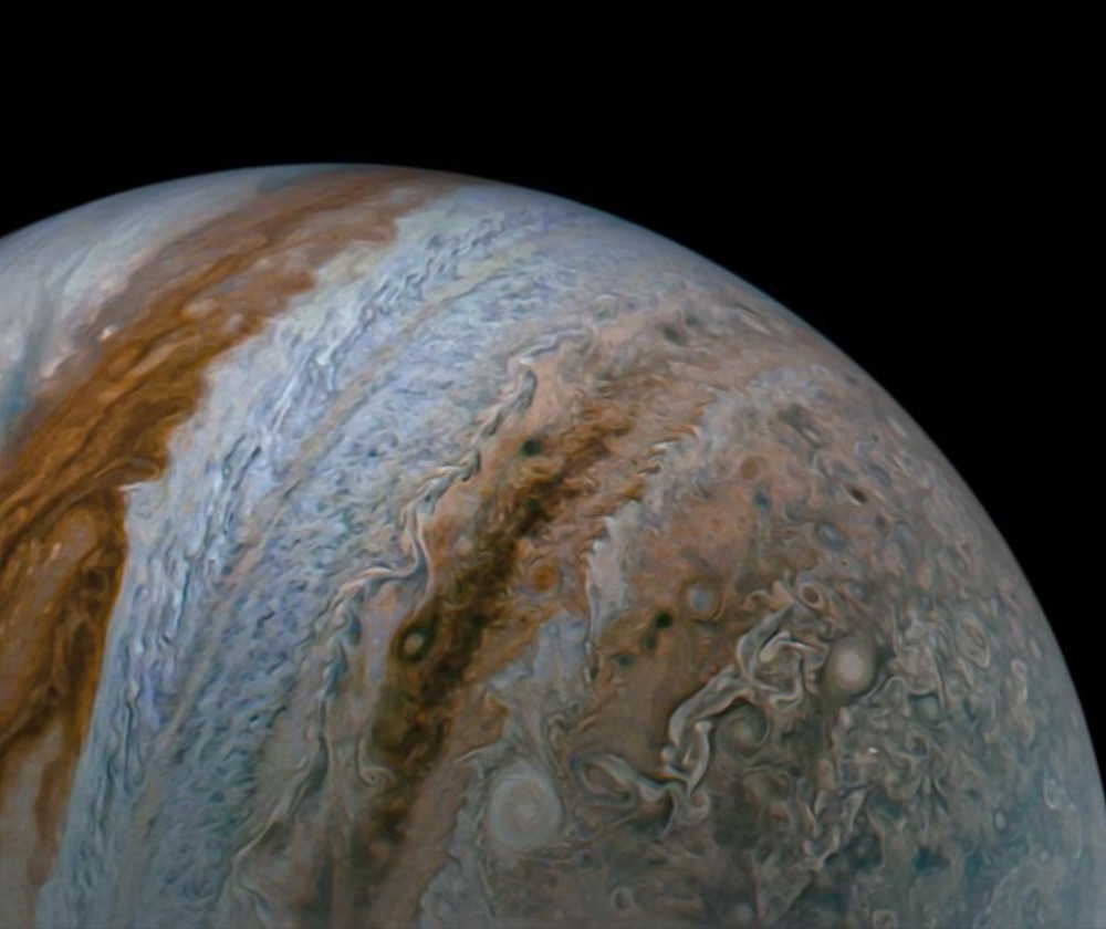 NASA’s Juno captured this view of Jupiter during the mission’s 54th close flyby of the giant planet on Sept. 7