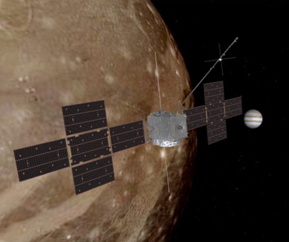 An artist’s impression of Jupiter and its giant moon Ganymede. The latter is the primary target of the spacecraft JUICE, as well as the largest moon in the solar system and the only one to generate its own magnetic field