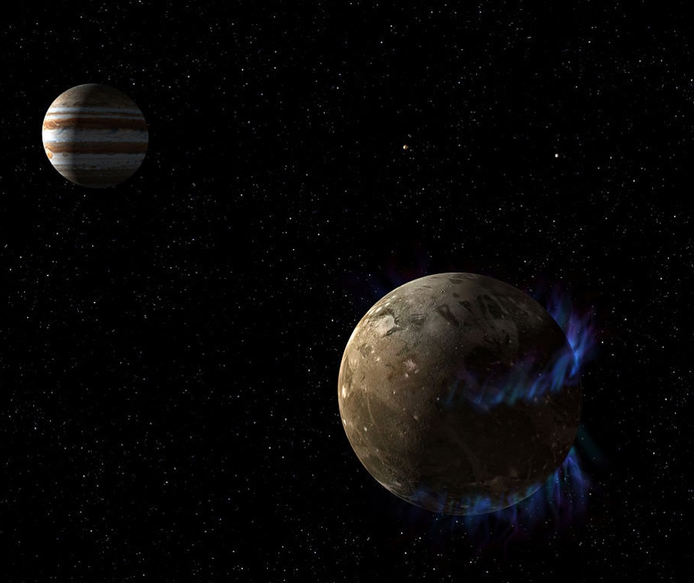Artist's concept of aurorae on Ganymede - auroral belt shifting may indicate a subsurface saline ocean.
