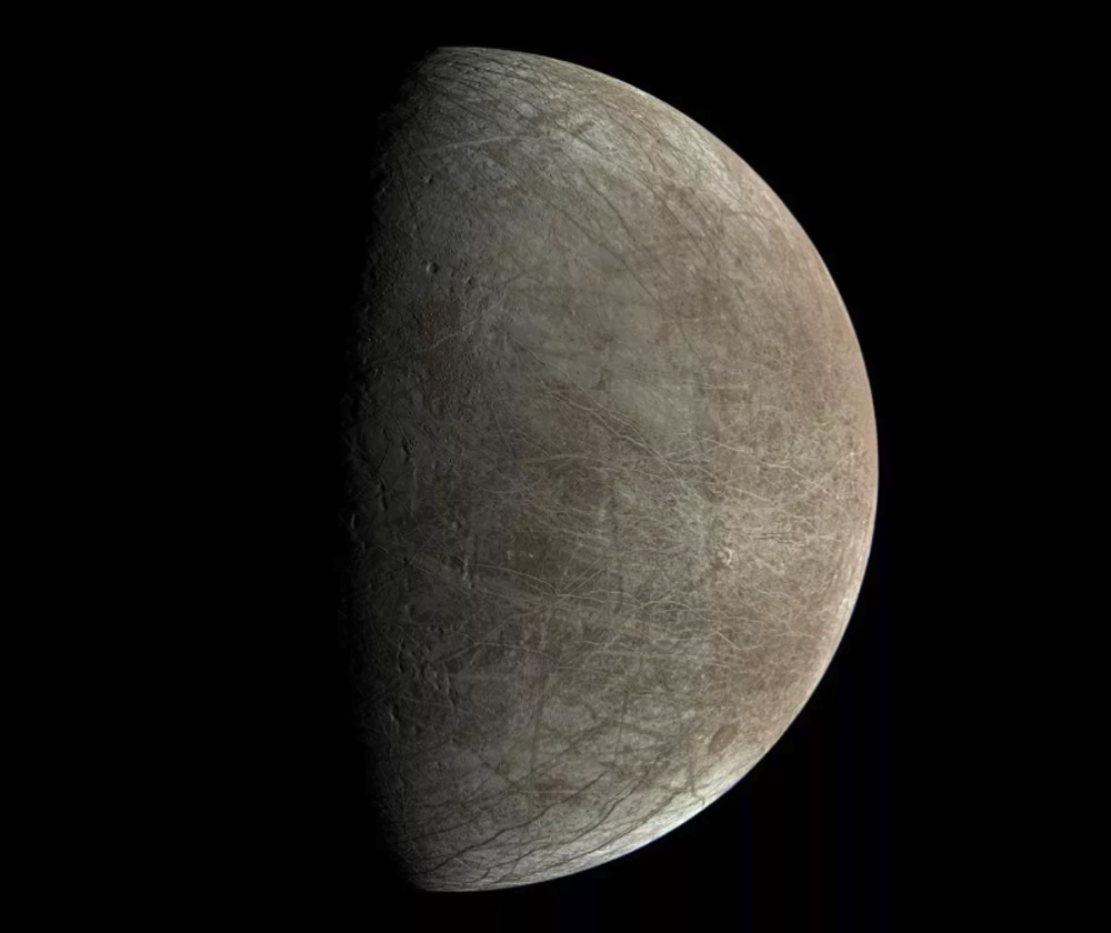 A view of Jupiter's moon Europa captured by NASA's Juno mission during its Sept. 29, 2022, close flyby at the moon
